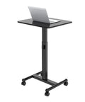 Height adjustable mobile standing desk with smooth casters and solid steel frame for home office use.
