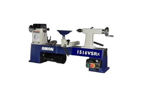 Kickass Heavy Duty Cast Iron Midi Lathe Featuring Variable Speed Drive And Secure Four Jaw Chuck Engineered For Precision Woodturning Projects Dead Simple Operation Shop Ready side view with motor control panel.