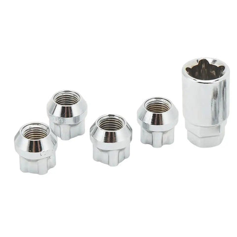 Anu Stainless Steel Cone Seat Wheel Locks For Tesla Model 3 Y S X, M14 x 1.5 silver 5-piece lug nut set with key