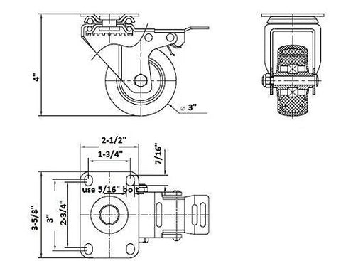 Technical drawing of heavy-duty locking caster wheels with dimensions, showcasing 3-inch polyurethane swivel caster design for heavy appliances.
