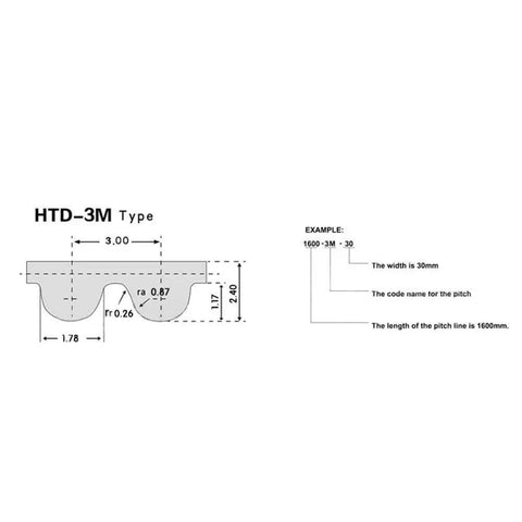 Close Loop Rubber Timing Belt Synchronous Belt With 3mm Pitch In 10mm Or 15mm Width For 3D Printers And Linear Motion, Heavy Duty Wear Resistance For Power Transmission And Great Load Capacity, Durable Black Belt. HTD-3M profile diagram with 3.00 mm pitch and 2.40 mm tooth height