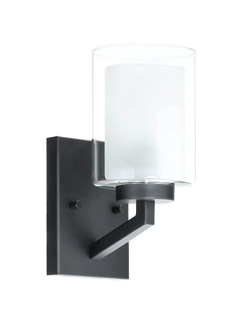 Four Light Vanity Light Fixtures Over Mirror Black Metal Finish With Dual Glass Shades, Modern Farmhouse Wall Sconce Detail