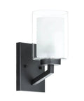 Close-up of brushed nickel vanity light featuring dual glass shades, modern bathroom wall fixture over mirror option.