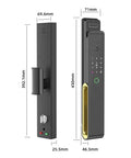 Slick Waterproof Smart Door Lock With True 3D Anti Spoof Fingerprint, Remote Video Intercom And Mobile App Unlock, Zero Fuss Security, 161 Degree Wide Angle, Easy Family Entry, 24 7 Monitoring side view with dimensions and features