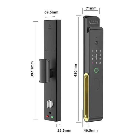 Slick Waterproof Smart Door Lock With True 3D Anti Spoof Fingerprint, Remote Video Intercom And Mobile App Unlock, Zero Fuss Security, 161 Degree Wide Angle, Easy Family Entry, 24 7 Monitoring side view with dimensions and features