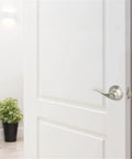 Satin nickel reversible handle on door, Brass Privacy Door Lever And 3 Pack Hinges In Satin Nickel Finish for bedroom or bathroom.