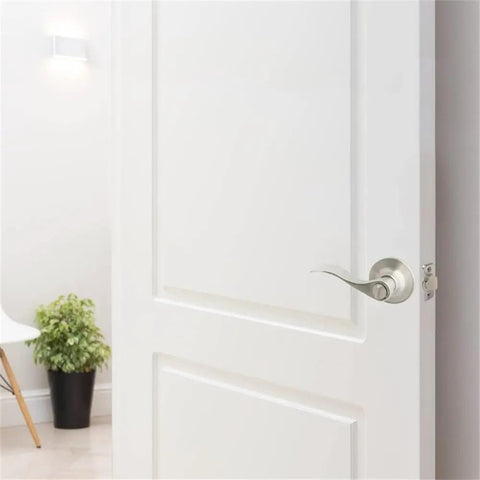 Satin nickel reversible handle on door, Brass Privacy Door Lever And 3 Pack Hinges In Satin Nickel Finish for bedroom or bathroom.