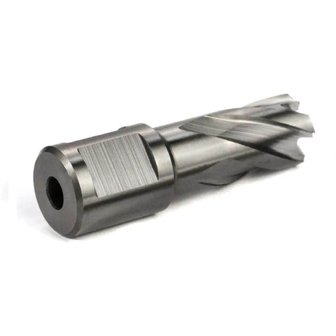 Front view of a 5/8-inch annular cutter with a 3/4-inch Weldon shank and spiral flutes
