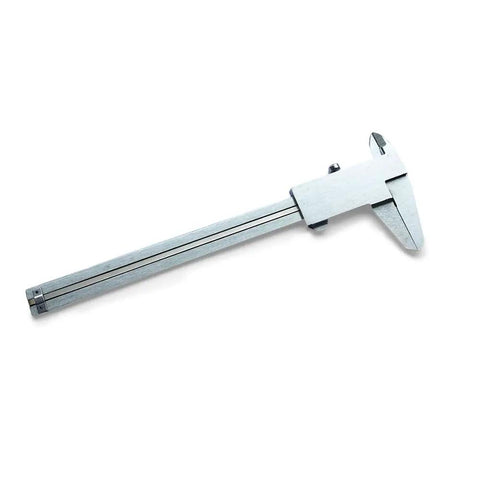 Stainless Steel Caliper Measuring Tool 150mm With 0.001 Inch And 0.02 mm Graduation lying on white background.
