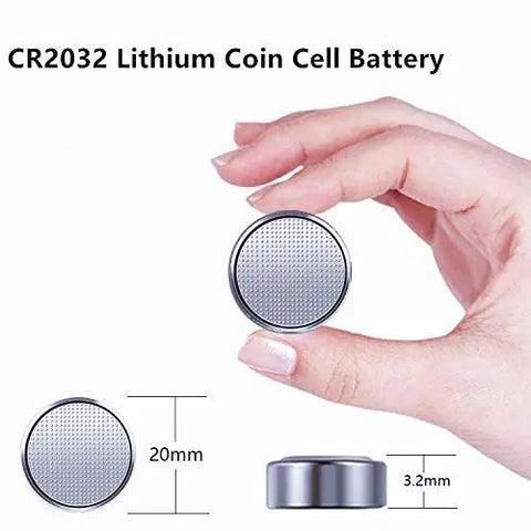 Dead Nuts Reliable 50 Pack CR2032 3 Volt Lithium Coin Batteries With Five Year Shelf Life For Car Remotes Keyless Entries Digital Watches Calculators And Computers Big Time Power Boost shown with hand for size comparison.