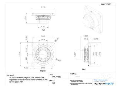 Technical diagram of Ball Bearing Flange Unit With Four Bolts Eccentric Collar, 40mm bore, cast iron housing, vibration dampening.