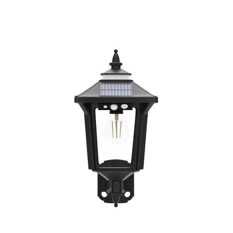 Black outdoor solar lantern with motion sensor, featuring Dope Outdoor Solar Porch Lights With 3 Modes And Motion Sensing For Barn Shed Yard Garage And Chicken Coop Energy Saving Backyard Lighting Weatherproof Durable Easy Install On Walls Or Posts.