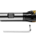 Oscarbide 3/4 in straight-shank indexable end mill, side view, 1 in cutting diameter, tin-coated, 2-flute, hex wrench