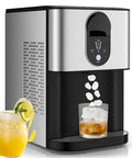 Top Rated Countertop Ice Maker Featuring Slick Self Serve Lever And Built In Self Cleaning Cycle That Whips Up Smooth Chewable Nugget Ice Fast For Any Modern Home Or Office Setup next to a glass of cocktail and lemonade.