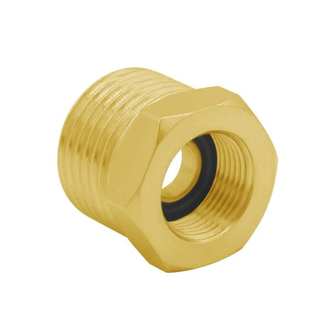 Brass adapter for faucet hoses, 1/2 G male to 3/8 compression female, ideal for kitchen, bathroom, RV plumbing, durable and easy to install.