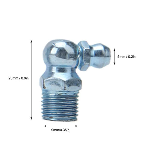 Close-up of zinc iron 45 degree grease nipple from Grease Fittings Kit 110 Pcs Zinc Iron 45 Degree And 90 Degree Nipples Nozzles And Tips For Heavy Duty Machinery Bearings And Engineering Equipment For The Shop Easy Install Lubrication Nipples For Maintenance And Quick Service."