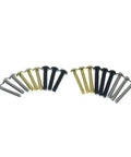 Top Shelf 20 Pack Stainless Steel Phillips Head Pickup Screws With Springs For Strat Tele Models Nickel Single Coil Mounting Hardware, assorted screws in silver, black and gold.