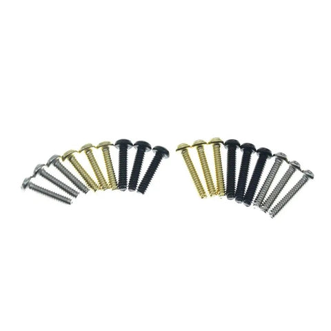 Top Shelf 20 Pack Stainless Steel Phillips Head Pickup Screws With Springs For Strat Tele Models Nickel Single Coil Mounting Hardware, assorted screws in silver, black and gold.