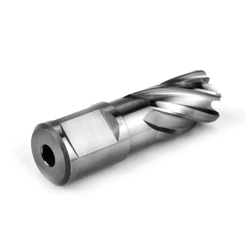 Side view of annular cutter with Weldon shank, 11/16 in diameter and 1 in depth of cut for magnetic drill press