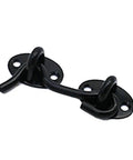 Hook and Eye Gate Latch Safety for Window Cabinet Door with Screws in black metal, designed for securing doors and windows.