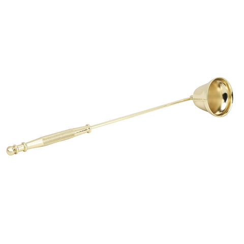 Slick Stainless Steel Candle Snuffer With Ergonomic Long Handle And Hassle Free Wick Control For Tapered Dinner Candles And Fresh Home Decor Setup In Classic Gold Finish viewed from the side, showcasing the long handle and steel cup.