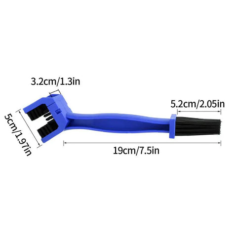 Blue degreaser brush from All In One 3 Piece Bike And Motorcycle Chain Cleaner Set with size measurements shown.