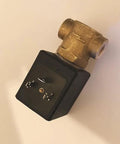 Heavy Duty 24 Volt Electric Solenoid Valve For Boat Freshwater Systems Featuring Solid Brass Construction And Quarter Inch Ports with black housing.