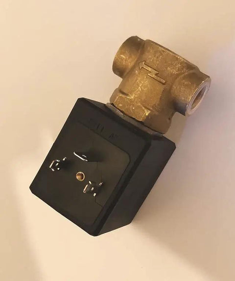 Heavy Duty 24 Volt Electric Solenoid Valve For Boat Freshwater Systems Featuring Solid Brass Construction And Quarter Inch Ports with black housing.