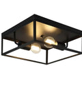 Industrial Metal Flush Mount Ceiling Light Fixture 13 Inch Square Two Light Open Cage No Glass Design Matte Black