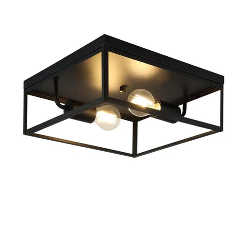 Industrial Metal Flush Mount Ceiling Light Fixture 13 Inch Square Two Light Open Cage No Glass Design Matte Black