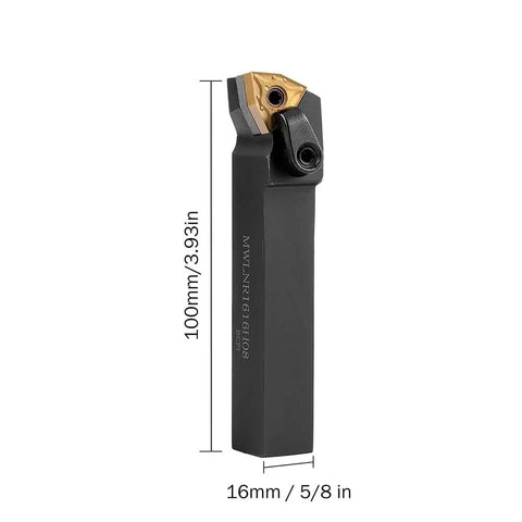Five Eighth Inch Lathe Tool Holder MCLNR1616H12 With Ten CNMG 120404 Carbide Inserts, shown in profile view.