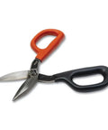 Seven Inch Straight Pattern Tin Snips Featuring Hella Sharp Hand Edged Blades For Slick Sheet Metal Cutting And Real Smooth Action For Zero Drama Heating Ventilation Air Conditioning Plumbing Work With Tough Aluminum Handles, showing orange and black handles.