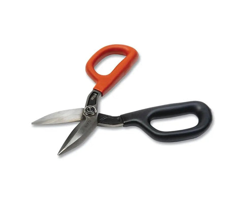 Seven Inch Straight Pattern Tin Snips Featuring Hella Sharp Hand Edged Blades For Slick Sheet Metal Cutting And Real Smooth Action For Zero Drama Heating Ventilation Air Conditioning Plumbing Work With Tough Aluminum Handles, showing orange and black handles.