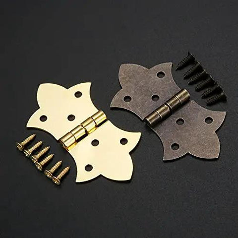 Two Pack Antique Bronze Gold Flower Hinges For Cabinets And Doors With Screws 6 Hole Iron Hinge Set For DIY Furniture Hardware