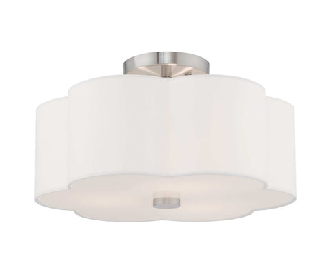 Three Light Brushed Nickel Ceiling Mount Fixture With Clover Shaped Off White Shade Modern Yet Classic Look For Kitchen Island Hallways Or Dining Room Bulbs Not Included