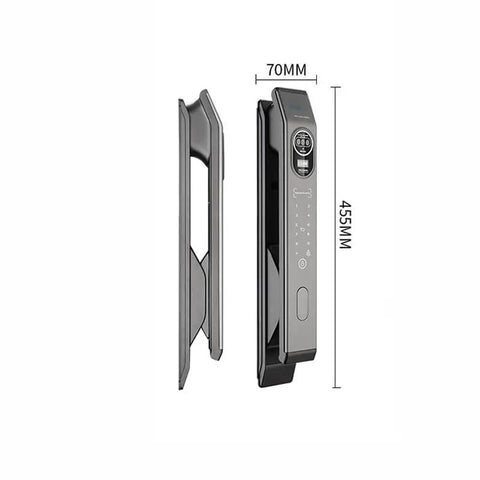 Smart Door Lock Offering Hella Secure Hidden Fingerprint Access and Digital Remote Automatic Deadbolt, 70mm x 455mm, gray finish.