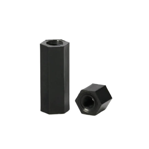 Hella Solid Nylon Standoff Spacers Female Threaded Plastic Brackets M2 Through M6 Mounting Hardware In Crisp Black Or White close-up view of black nylon threaded standoffs.