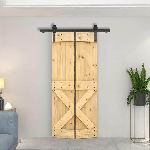 Unfinished 30 Inch By 84 Inch Wood Bi Fold Barn Door For DIY Install With Sliding Hardware Kit Made From Knotty Pine ready to install