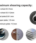 Drill Nibbler Sheet Metal Cutter Attachment for fast burr-free cuts on iron, steel, copper, and aluminum, showing maximum shearing capacity.