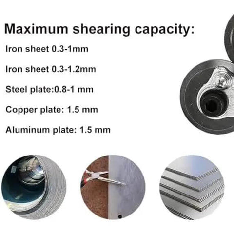 Drill Nibbler Sheet Metal Cutter Attachment for fast burr-free cuts on iron, steel, copper, and aluminum, showing maximum shearing capacity.
