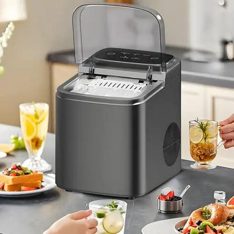 Countertop Nugget Ice Maker Makes Sweet Soft Chewable Bullet Ice Super Fast with Self Cleaning System and Non Slip Pads for Kitchens Bars Parties plus Portable Design fits any Spot like a Glove on kitchen countertop.