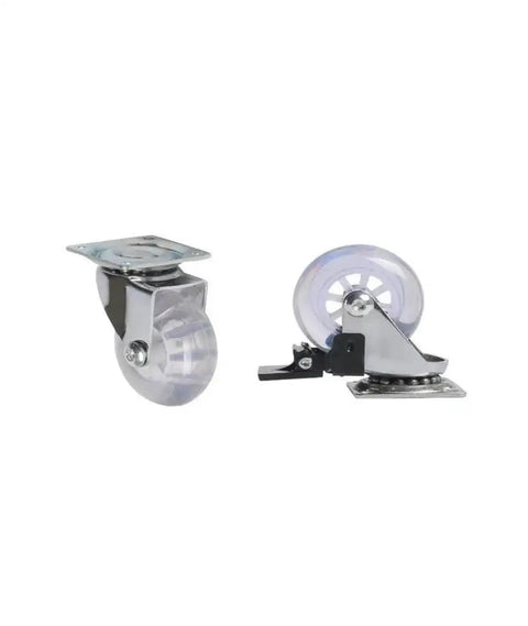 4 Pack 3 Inch PU Transparent Crystal Wheel Casters With Brakes For Furniture And Cabinets, showing two silver mounted wheels