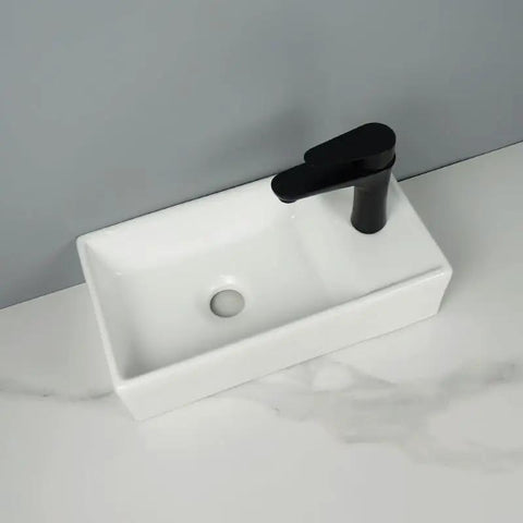 USZWBY Vessel Sinks Ceramic Vessel Sink Modern Minimalist Wall-Mounted Washbasin Square Washing Bowl Bathroom Bowl Sink top view with black faucet
