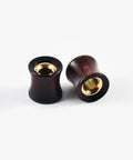 Two Tone Hollow Gold Stainless Steel And Sandalwood Ear Tunnels Plugs Set For Stretched Ears 0G To 1 Inch Double Flared Expander Hypoallergenic Body Jewelry 2 Pack Dope displayed side by side