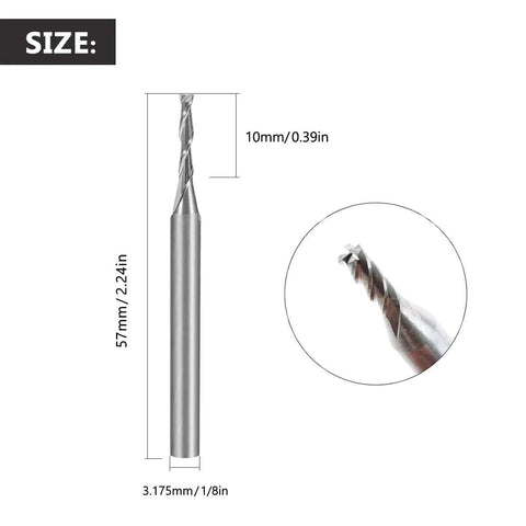 End mill bit, front view; 1/8 in shank, 4-flute HSS; 57mm overall length with 10mm flute; tip close-up.