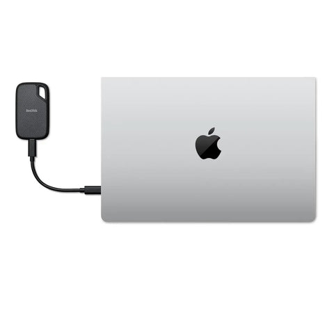 2TB Extreme Portable SSD For Crazy Fast Transfers And Backups On iPhone iPad And MacBook External Solid State Drive Up To 1000 MB Per Second Read And 950 MB Per Second Write Renewed connected to a MacBook