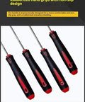 4-piece automotive pick tool set with rubberized non-slip black handles and red ends for seal, gasket, and O-ring removal