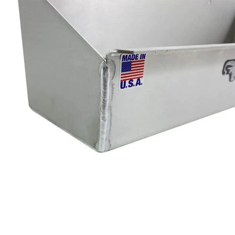Close-up of corner detail on Six Bottle Oil Shelf Caddy For Trailer And Garage Aluminum Enclosed Storage Organizer Holds Six Quarts