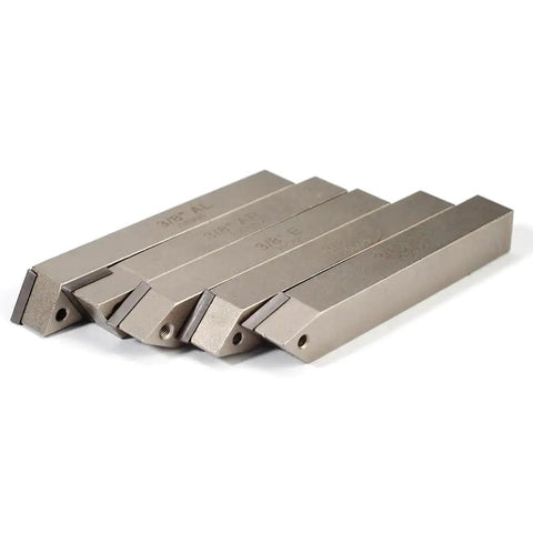 Straight Up Heavy Duty Mini Indexable Lathe Turning Tool Set With Three Eighth Inch Nickel Shank showing carbide blades for precision cutting.