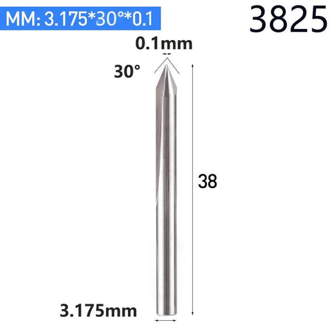 Front view of a carbide router bit with 1/8 in shank, 0.1 mm tip, 30° engraving angle.
